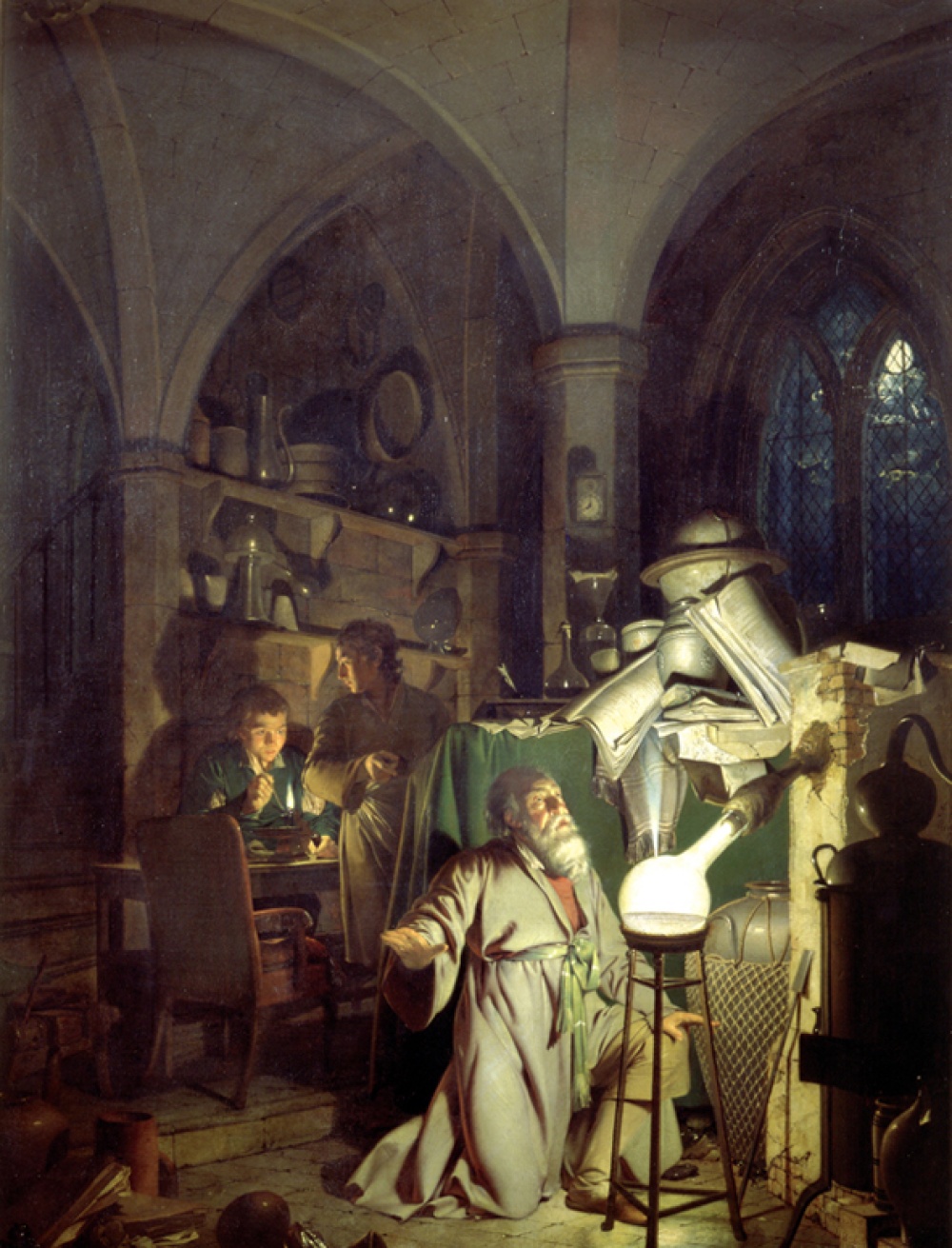 <strong>Joseph Wrigh</strong>: <cite>Alkemisti etsimässä viisasten kiveä (The Alchymist, in Search of the Philosopher’s Stone, Discovers Phosphorus, and prays for the successful Conclusion of his operation, as was the custom of the Ancient Chymical Astrologers)</cite> 1771 
