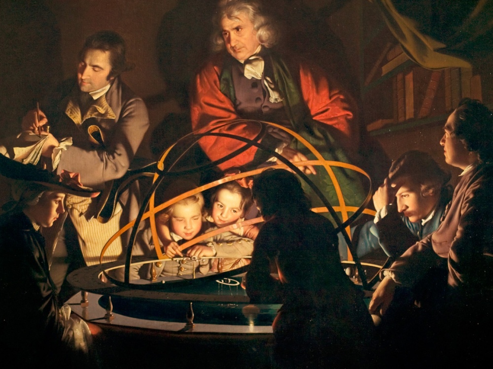 <strong>Joseph Wright</strong>: <cite>Filosofi luennoi Orreryn äärellä; lamppu kuvastaa Aurinkoa (A Philosopher lecturing on the Orrery, in which a Lamp is put in the Place of the Sun)</cite> 1764–66