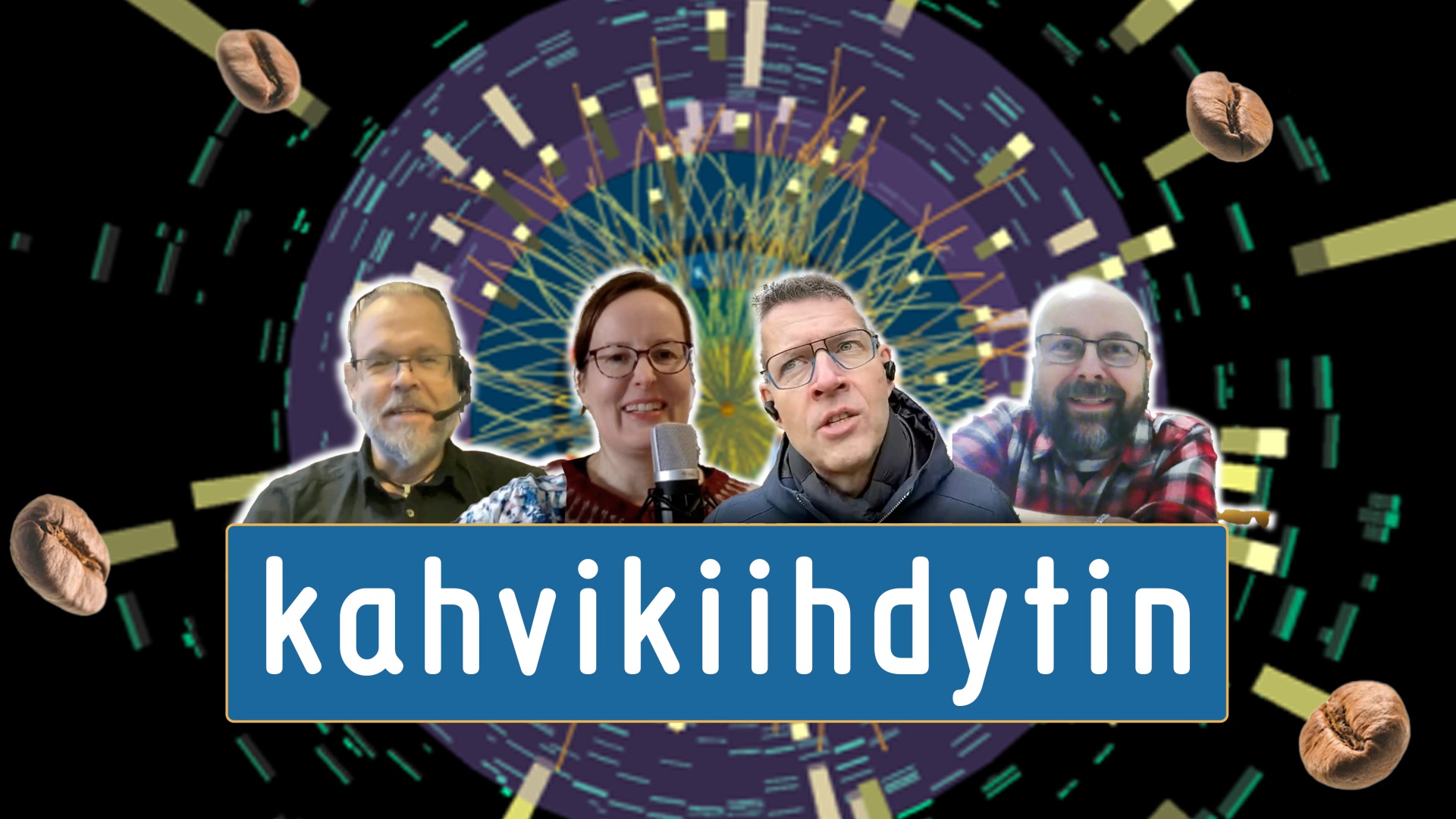 Podcastin otsikko, kuvassa Hotakainen, Heikkilä, Mäkinen ja Korteniemi.