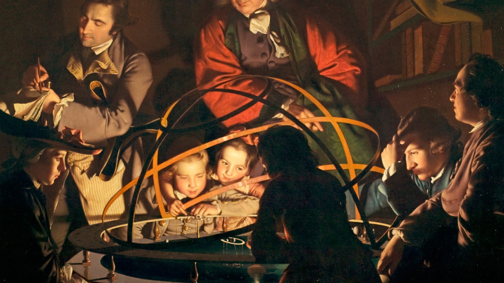 <strong>Joseph Wright</strong>: <cite>Filosofi luennoi Orreryn äärellä; lamppu kuvastaa Aurinkoa (A Philosopher lecturing on the Orrery, in which a Lamp is put in the Place of the Sun)</cite> 1764–66