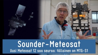 Videon otsikkokuva: piirros satelliiteista ja Jari Mäkinen satelliitin vieressä