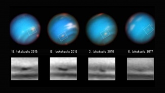 Neptunus Hubblen kuvaamana eri aikoina. Kuva: NASA, ESA ja M.H. Wong and A.I. Hsu, UC Berkeley